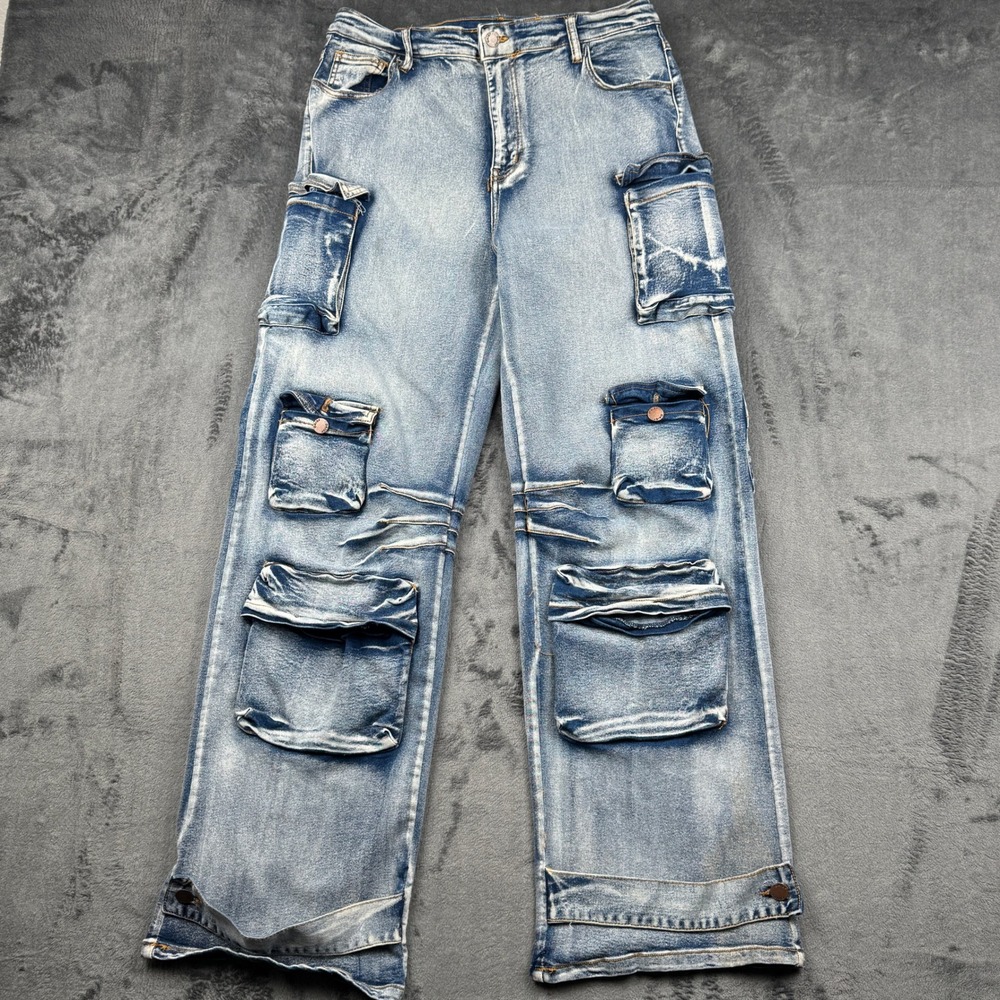 Daisy Cargo Jeans Womens Large Y2K Multi Pocket Wide Leg Denim Excellent